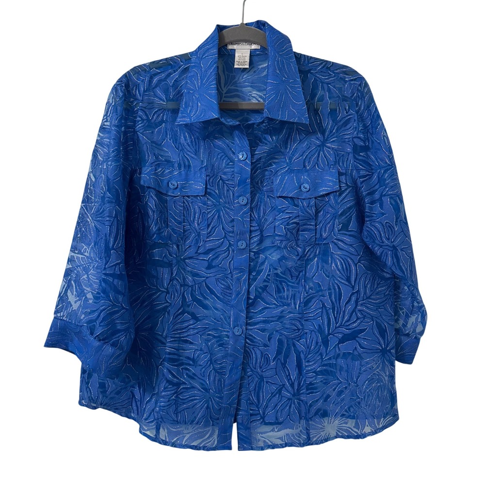 Drapers & Damons Sheer Button Down Top L Royal Blue Silver Tropical Coastal Airy